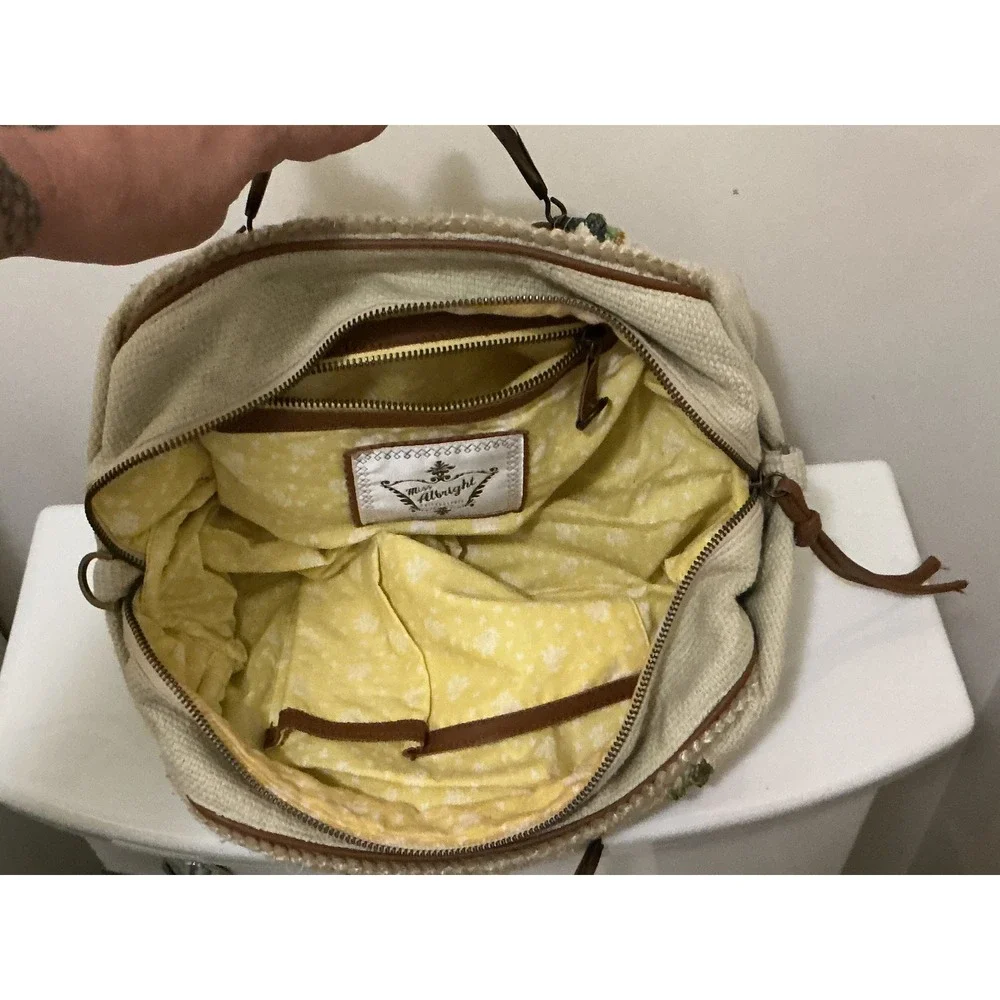 Miss Albright Anthropologie Bird Needlepoint Canvas Satchel Bag‎ Cream Floral